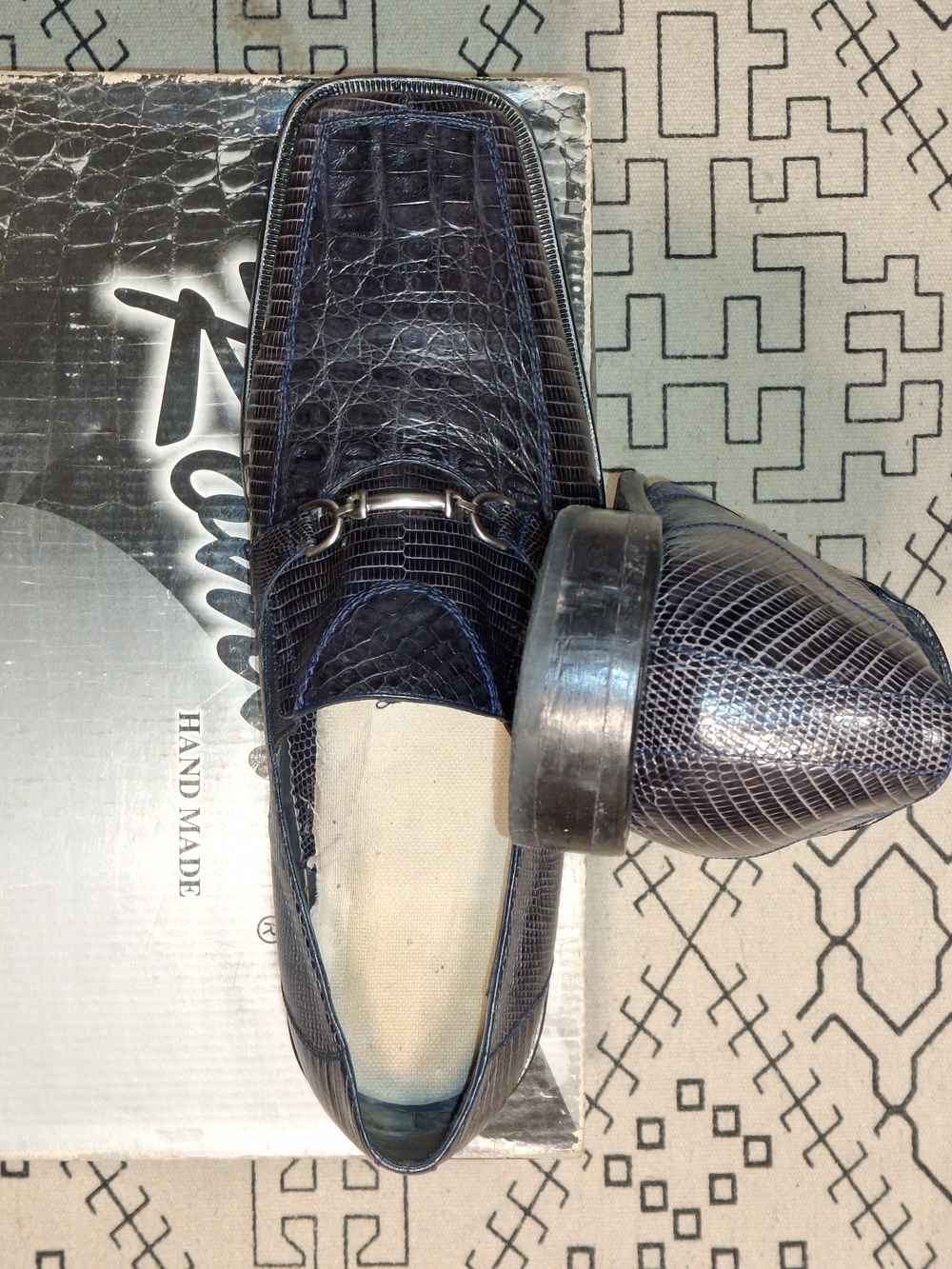 Kangol Handmade Navy Blue Crocodile Print Leather Loafers Metal Bit Men 12